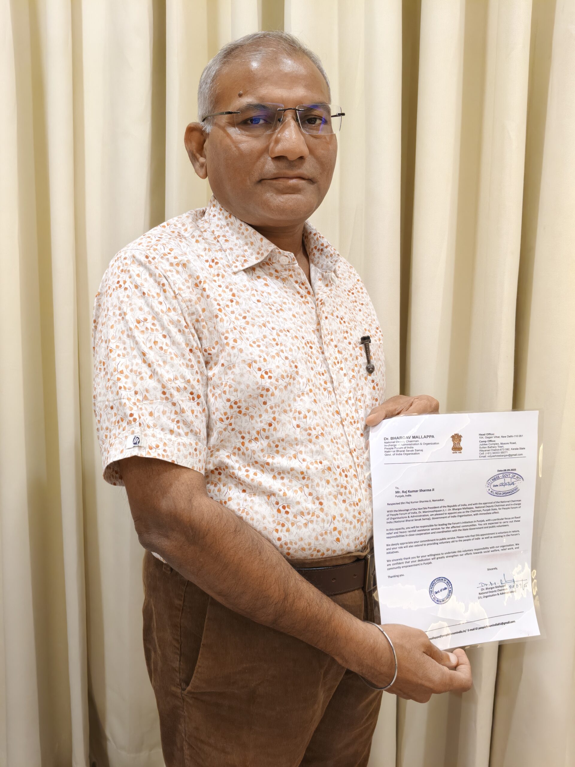 People Forum of India Announces New Punjab State Chairman, Shri Raj Kumar Sharma