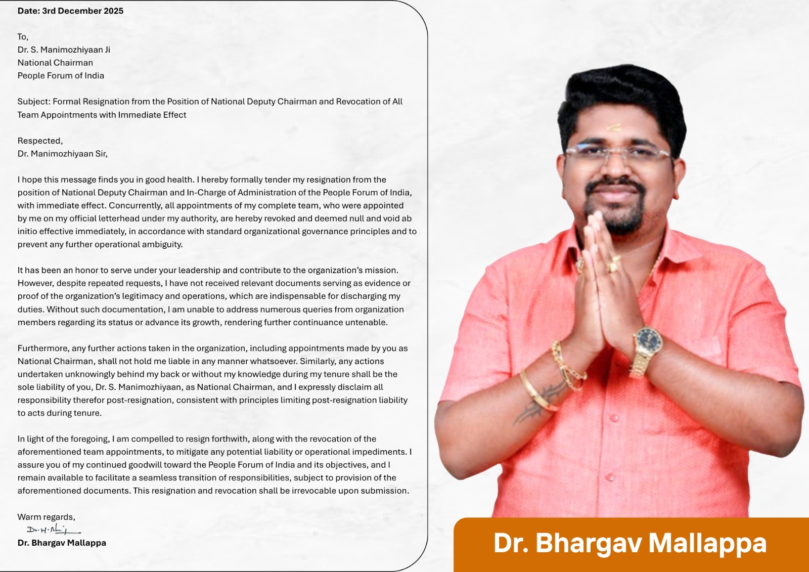 Dr. Bhargav Mallappa Steps Down as National Deputy Chairman of People Forum of India; Cancels All Team Appointments Amid Governance Concerns